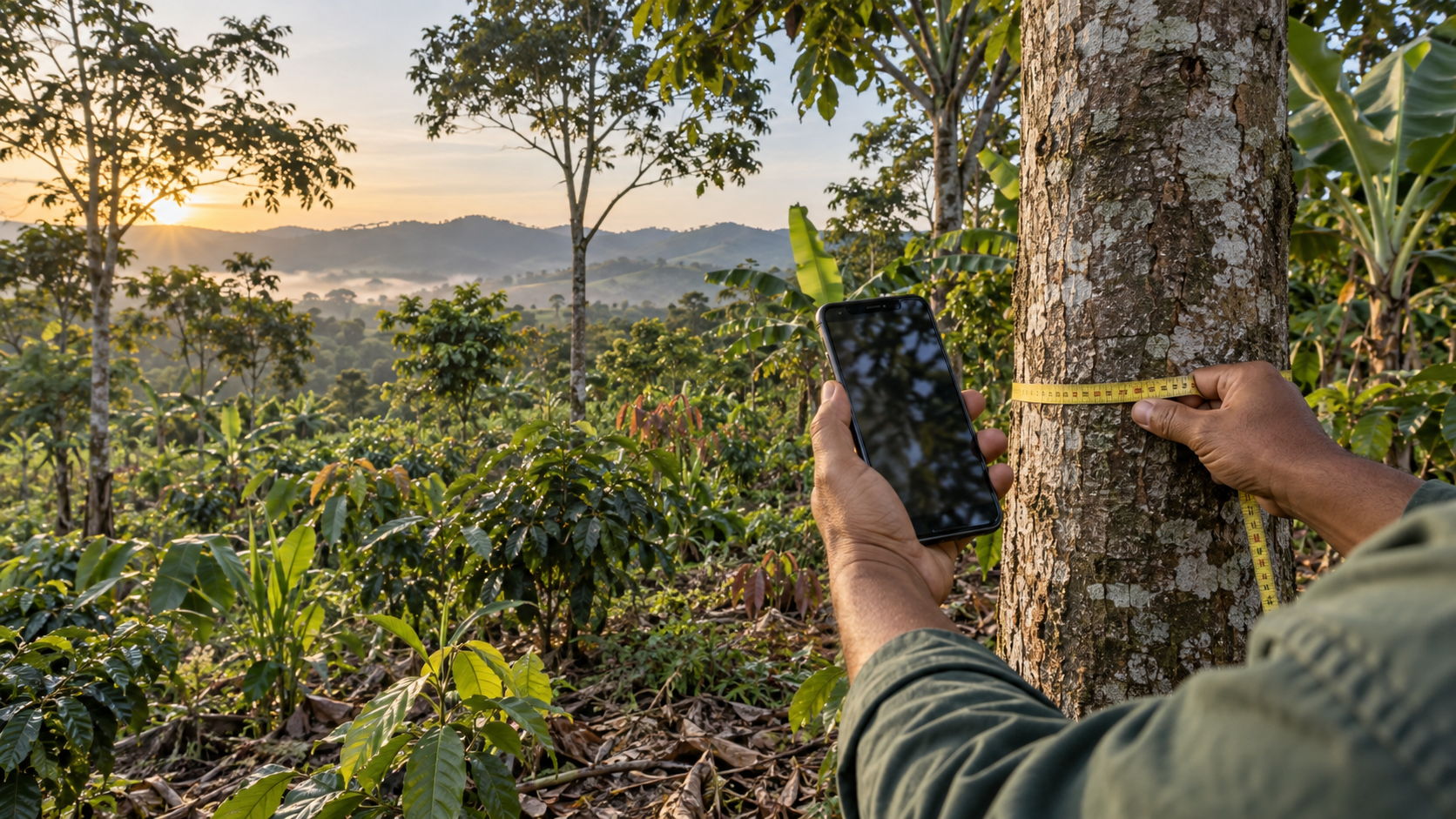Illustration of smartphone-based tree measurement in an agroforestry landscape