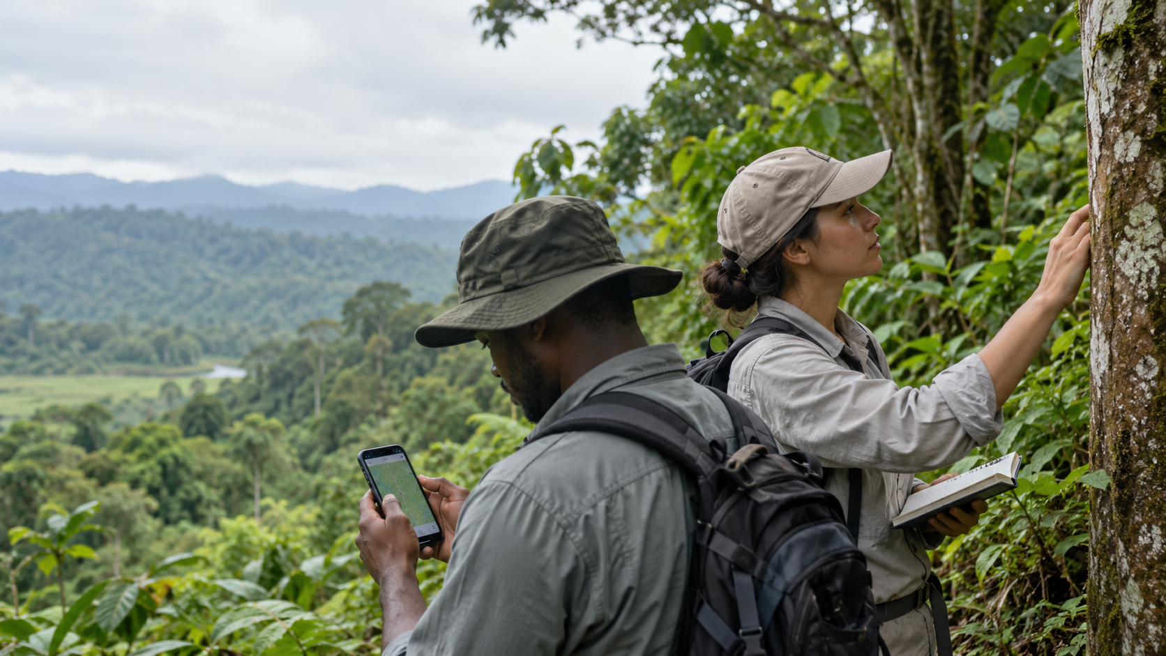 Illustration of a field team recording forest data with a smartphone